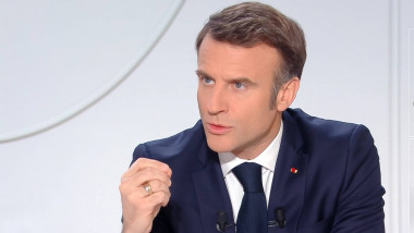 Paris: Macron gestures during an interview on the french TV France 2