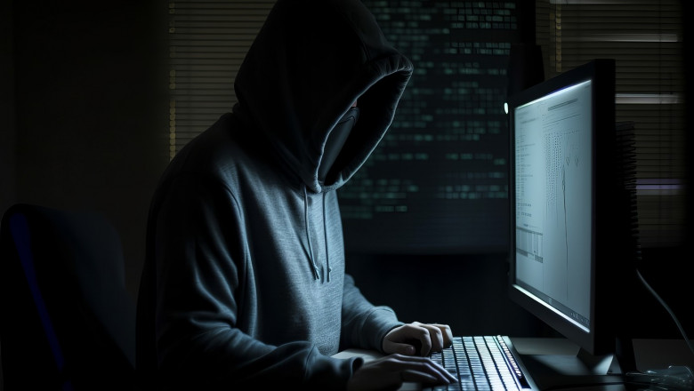 Hacker work at computer in hoodie. Generate Ai