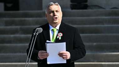 Hungarian Prime Minister Viktor Orban delivers a speech on March 15, 2024 in front of the National Museum building in Budapest