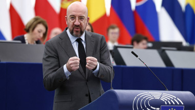 European Council President Charles Michel speaks and gestures