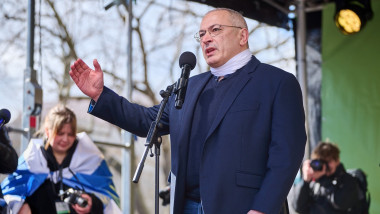 Mikhail Khodorkovsky speaks during a protest in berlin
