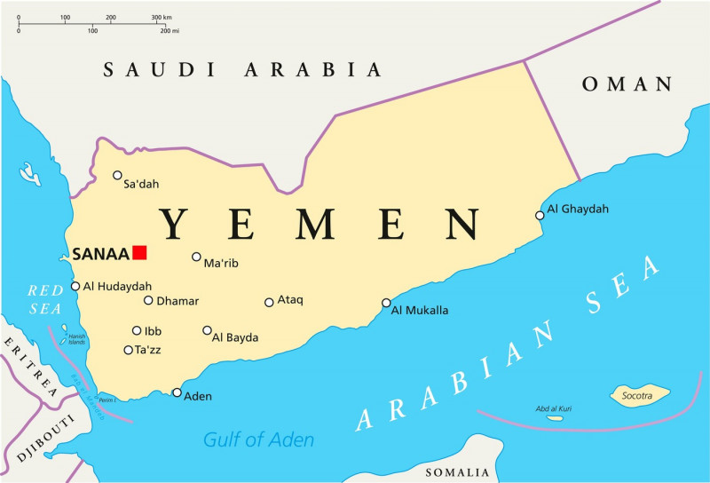 Yemen Political Map with capital Sanaa, national borders and most important cities. English labeling and scaling. Illustration.