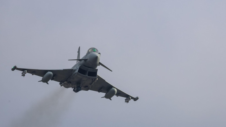 Wielbark, Poland on March 14, 2024. Wielbark-2024. Eurofighter Typhoon fighter jet of Italian Air Force fly during Wielbark 2024 NATO's - Dragon-24 exercise, a part of large scale Steadfast It aims to exercise the starting and landing of fighter jets on a