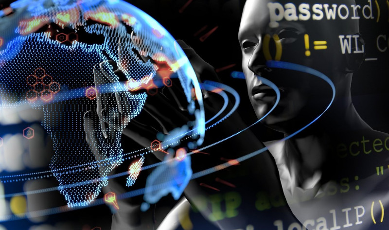 Cyber communication and Artificial intelligence (ai) in cyber security network technology , cyber crime hacker virus concept. 3d Rendering of robot an