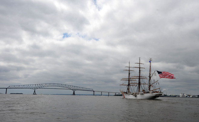 Coast Guard Cutter Eagle departs Baltimore's Inner Harbor