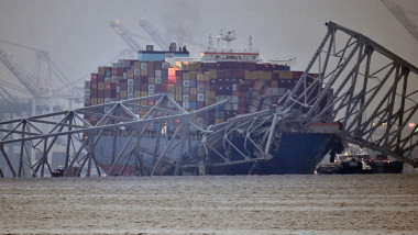 The container ship Dali as seen on Wednesday morning, March 27, 2024, at the site where it collided with the Francis Scott Key Bridge in Baltimore.