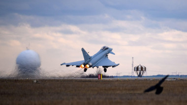 Constanta, Romania. 05th Dec, 2023. A German Eurofighter takes off from Mihail Kogalniceanu airfield near Constanta (Romania). The German Air Force is currently supporting NATO member Romania with Eurofighter combat aircraft and a defense system against s