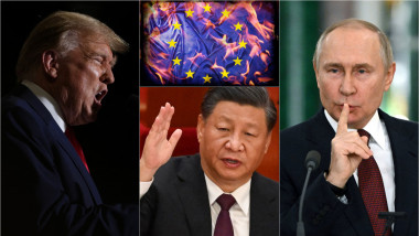 Donald Trump / Xi Jinping / Vladimir putin / ilustrație UE în flăcări