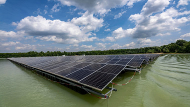 Germany's largest floating solar power plant on the Silbersee III, a quarry pond no longer used for sand mining, near Haltern am See, operated by Quar