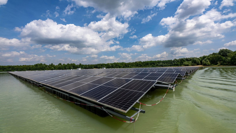 Germany's largest floating solar power plant on the Silbersee III, a quarry pond no longer used for sand mining, near Haltern am See, operated by Quar