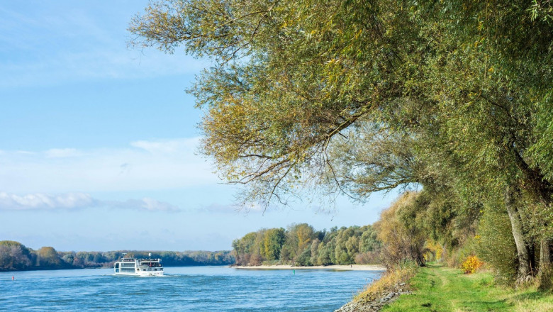 Nationalpark Donau-Auen, Danube-Auen National Park: river Donau (Danube), cruise ship in Donau, Niedersterreich, Lower Austria, Austria