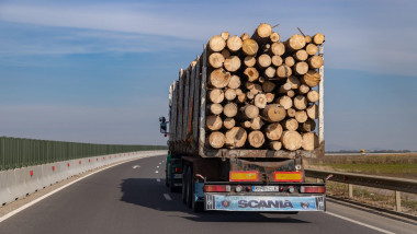 A picture of a logging truck on a Romanian highway.