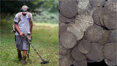 căutător de comori folosește un detector de metale / monede folosite în Marea Britanie în era medievală