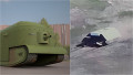 ilustrație cu prototipul de tanc din Primul Război Mondial, "Elefantul Zburător" / captură video cu "tancul țestoasă" filmat în Ucraina