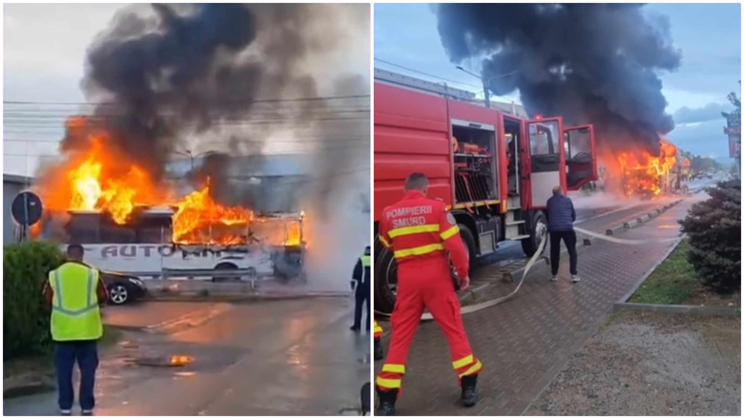 Un autocar cu 30 de elevi a luat foc, în mers, pe un drum din Caraș Severin