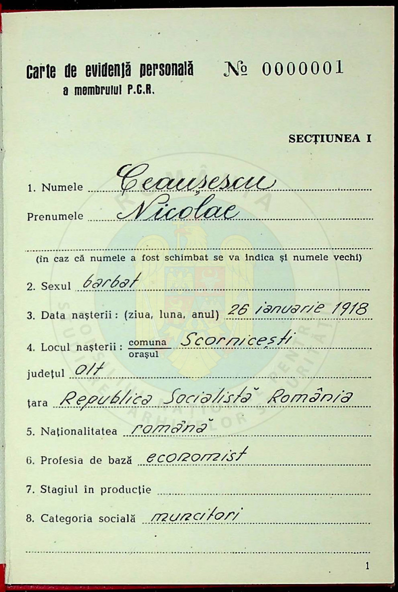 Carnet PCR Nicolae Ceausescu 1