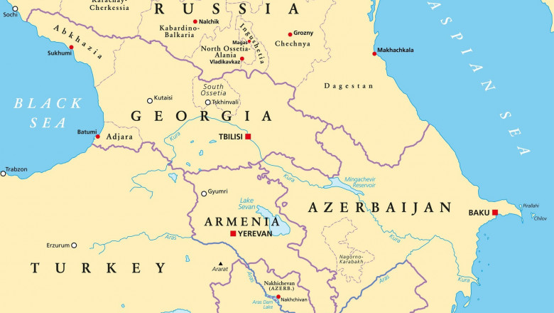 Caucasus, Caucasia, political map. Region between Black and Caspian Sea, mainly occupied by Armenia, Azerbaijan, Georgia, and parts of Southern Russia.