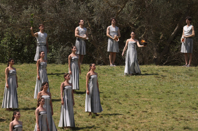 Rehearsal of the flame lighting ceremony for the Paris Olympics in Ancient Olympia