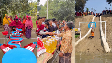 oameni din sate sărace din Bangladesh participă la diverse jocuri filmate pentru a câștiga alimente