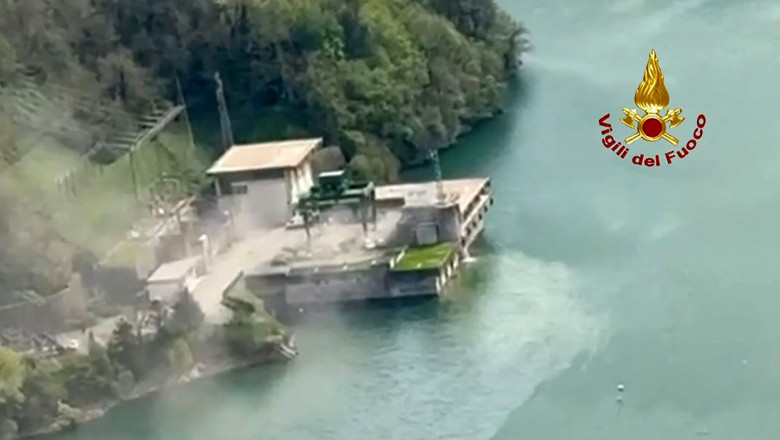 aerial view following an explosion at a hydroelectric power plant Enel Green Power on Lake Suviana in central Italy, near Bologna