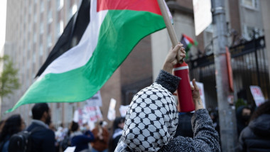 Pro-Palestine demonstrators are gathering in protest both inside and outside the locked gates of the Columbia University campus in New York City