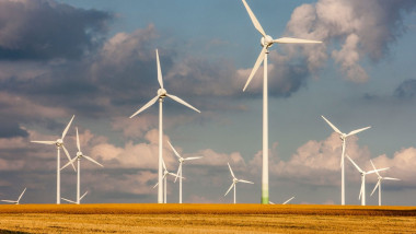 Wind turbines, wind power park, alternative energy production. Meerhof, Northrhine Westfalia, Germany, Europe.