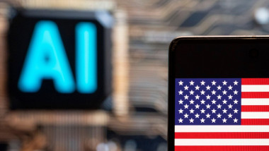 In this photo illustration, the United States of America (USA) flag seen displayed on a smartphone with an Artificial intelligence (AI) chip and symbol in the background.