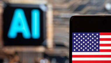 In this photo illustration, the United States of America (USA) flag seen displayed on a smartphone with an Artificial intelligence (AI) chip and symbol in the background.