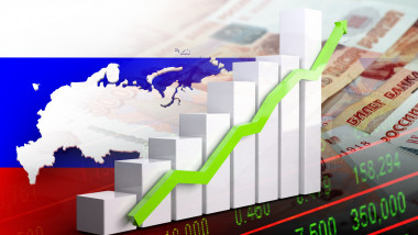Economy graph: up arrow, cash Russian rubles, flag and map of Russia