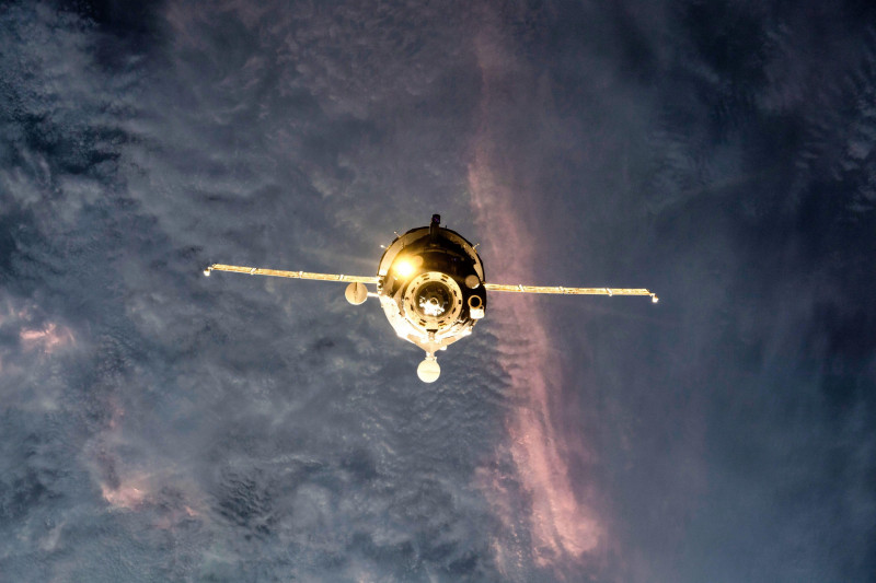 iss065e441937 (Oct. 5, 2021) --- The Soyuz MS-19 crew ship carrying three Russian crew members approaches the International Space Station for a dockin