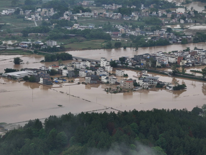 QINGYUAN, CHINA - APRIL 20: Aerial view of a waterlogged village after torrential rains on April 20, 2024 in Qingyuan, G