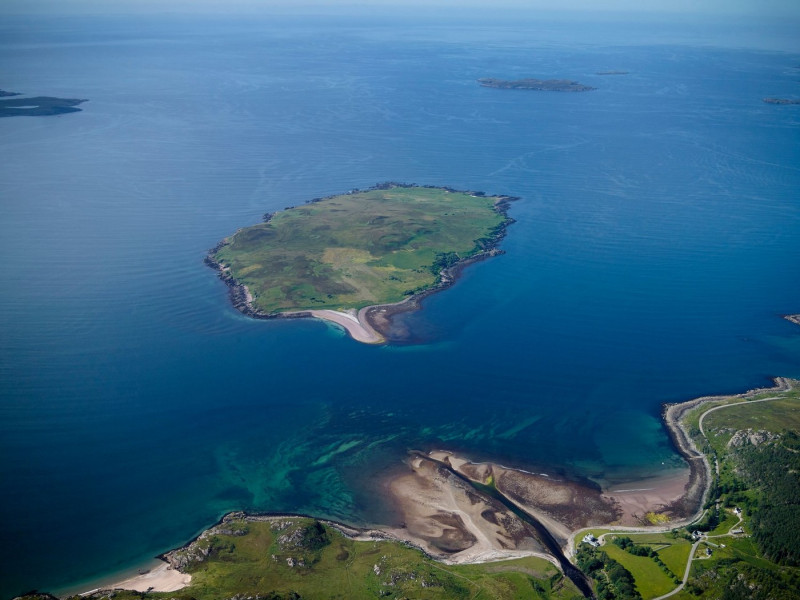Gruinard Bay and Gruinard Island from the air, North West Scotland, UK