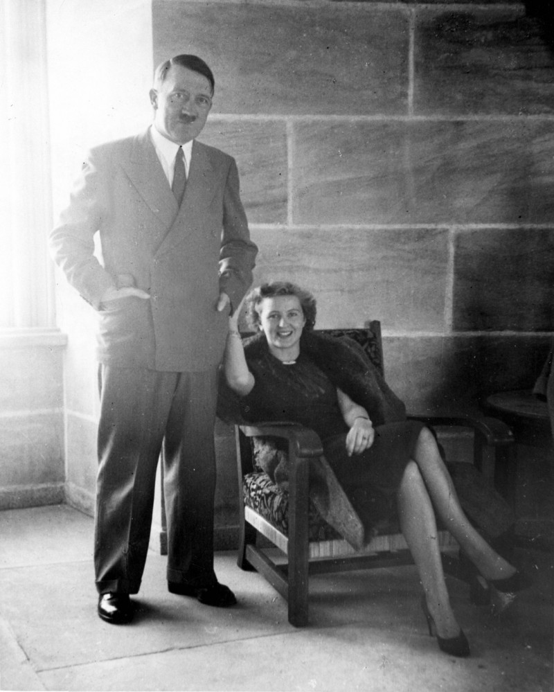 Adolf Hitler and Eva Braun. Photo found by Intelligence Officers investigating Braun's personal belongings when several photo albums were discovered. Hitler (1889-1945), Nazi party leader and German dictator.