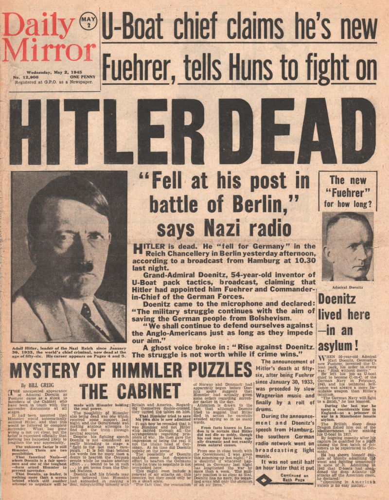 1945 Daily Mirror Death of Adolf Hitler