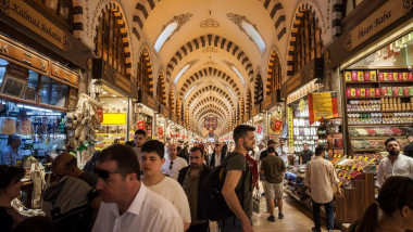 Picture of a crowd in the egyptian bazaar of Istanbul, Turkey. The Spice Bazaar in Istanbul, Turkey is one of the largest bazaars in the city. Located