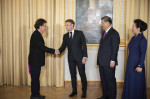 France's President Emmanuel Macron, Chinese President Xi Jinping during presentations ahead of an official state dinner