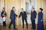 France's President Emmanuel Macron, Chinese President Xi Jinping during presentations ahead of an official state dinner