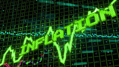 Image of inflation text in green over graph and layers of charts processing data