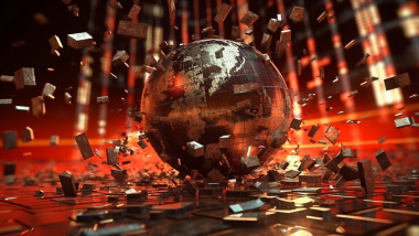 Concept of global economic crisis. Fallen globe in fragments. Collapse of financial market. Generated AI.