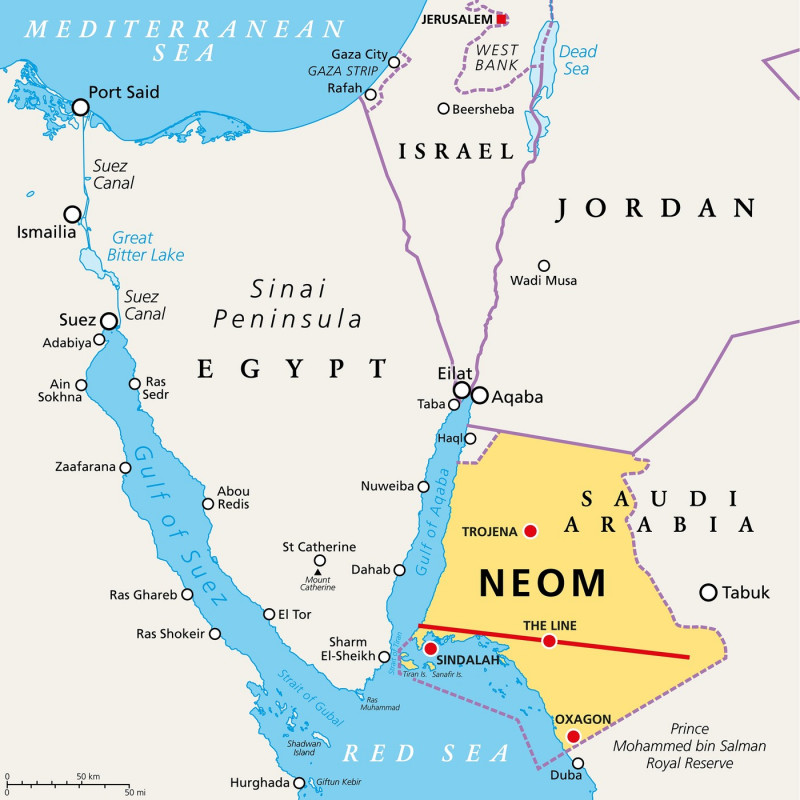 NEOM and the Sinai Peninsula, planned smart city in Saudi Arabia, political map