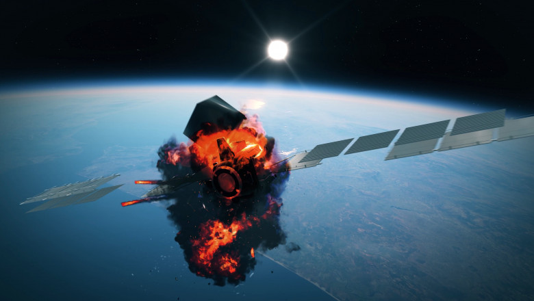 ilustrație cu un satelit care explodează pe orbită