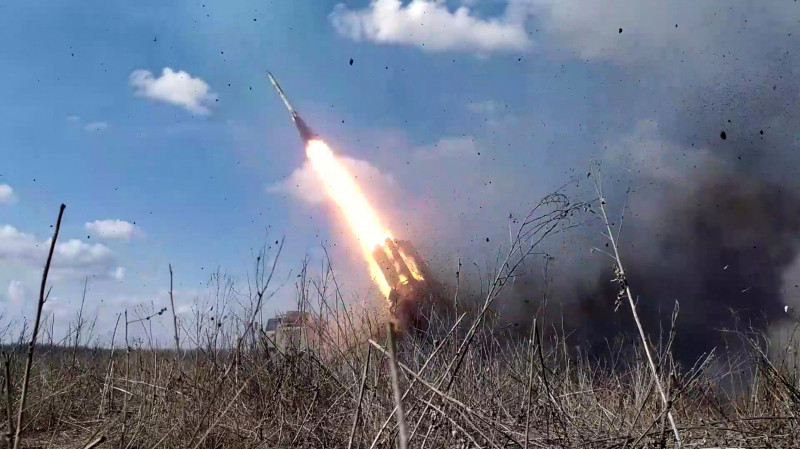 Russian Army launch Uragan MLRS missile attacks towards Ukrainian positions in Donetsk