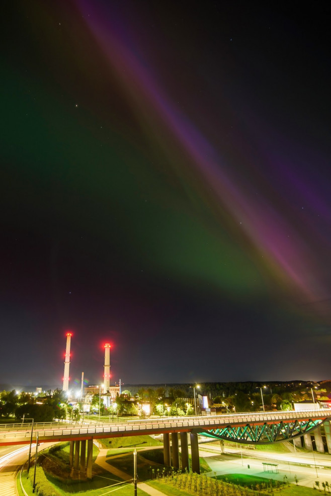 Northern lights (Aurora Borealis) light the sky in Vilnius, Lithuania -11 May 2024