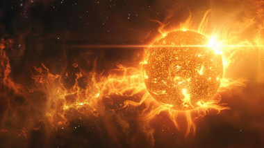 A vibrant illustration of a solar flare bursting from the sun's surface, depicting energy, space weather, and cosmic phenomena