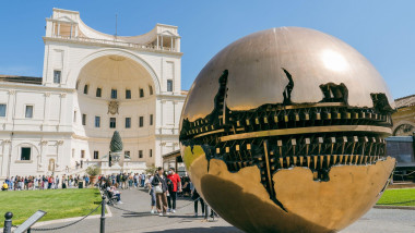 Sphere within a sphere by Arnaldo Pomodoro is the centerpiece of the Courtyard of the Pinecone at the Vatican Museum