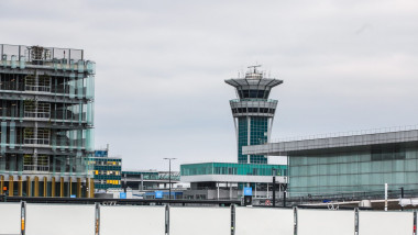 View of the control tower, equipped with the SR-3 ground radar (SAAB) installed above the lookout, at Paris-Orly international airport