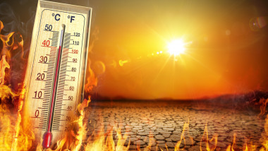 Heatwave With Warm Thermometer And Fire - Global Warming And Extreme Climate - Environment Disaster