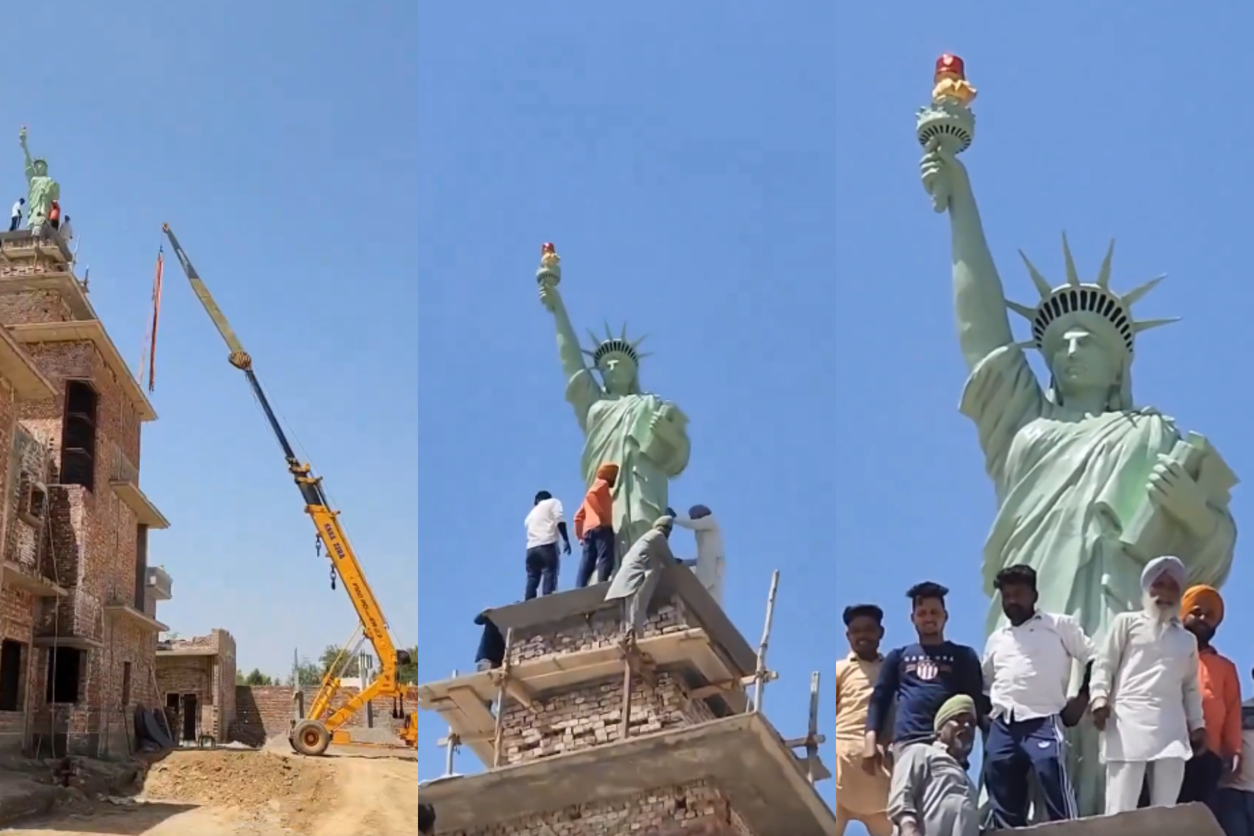 Un indian și-a pus pe casă o replică a Statuii Libertății de peste 5 metri. Momentul în care a fost urcată pe acoperiș a fost filmat