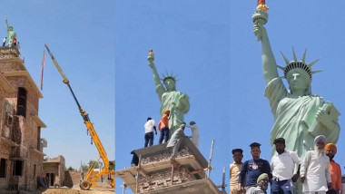 colaj cu 3 imagini in care mai multi barbati monteaza pe o casă o replica a statuii libertatii