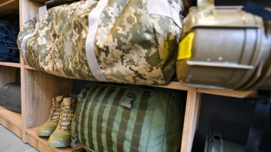 Personal belongings of a Ukrainian serviceman are seen at the military recruiting center